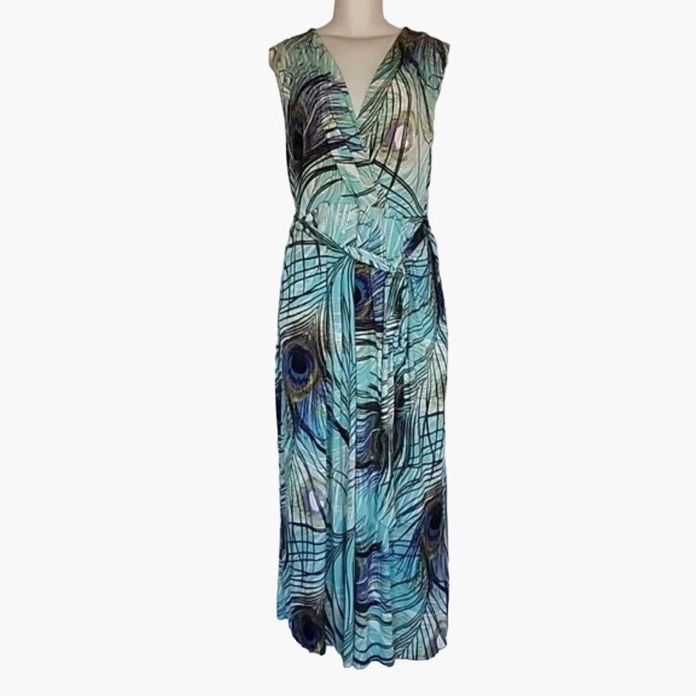 Kasper Aqua Maxi Dress Women's Size Medium Peacock Feather Print Belted Smocked
